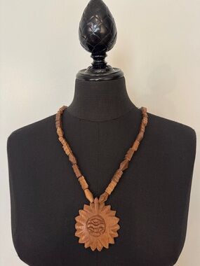 Carved Wooden Tribal Sun Necklace